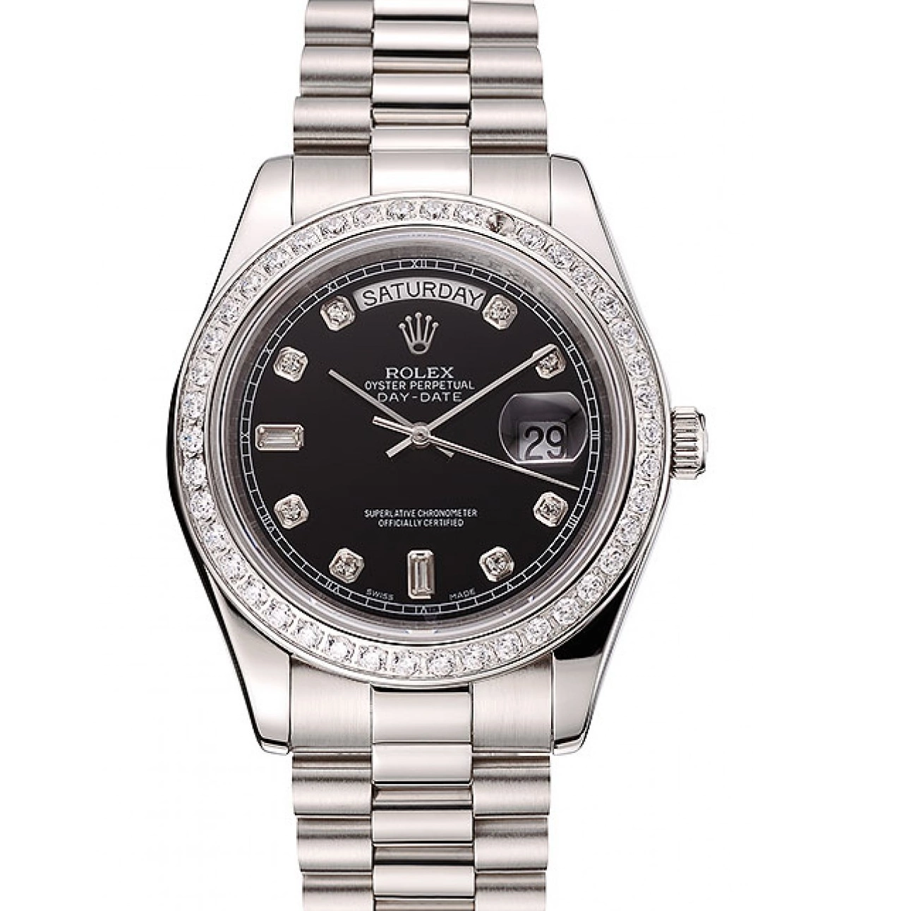 MiroTime 0810 Swiss Rolex Day-Date Black Dial Diamond Case Diamond Numerals Stainless Steel Bracelet 1453966